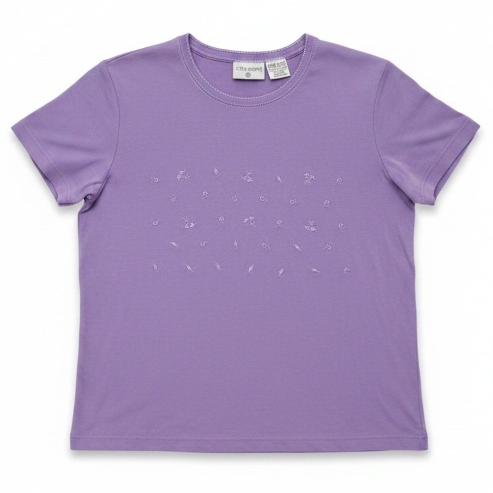 Kathy Ireland Lavender Purple Tee, Embroidered Floral Cotton T-Shirt, Women's XL